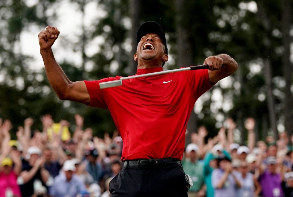 Woods celebrates winning the 2019 Masters at Augusta