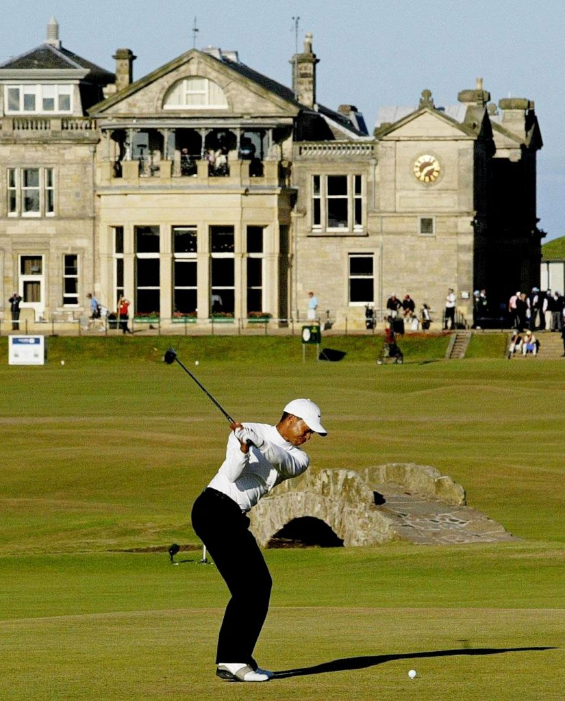 Tiger Woods tees off at the eighteenth at the 134th Open Championship at St Andrews in 2005