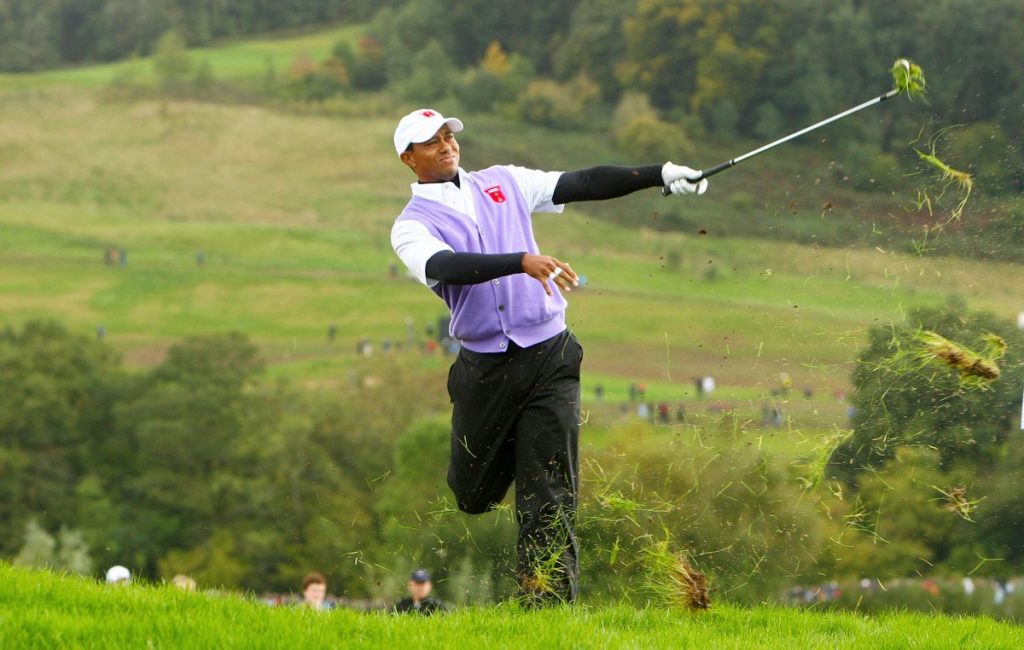 USA’s Tiger Woods hits out the rough during the Ryder Cup at Celtic Manor, Newport in 2010