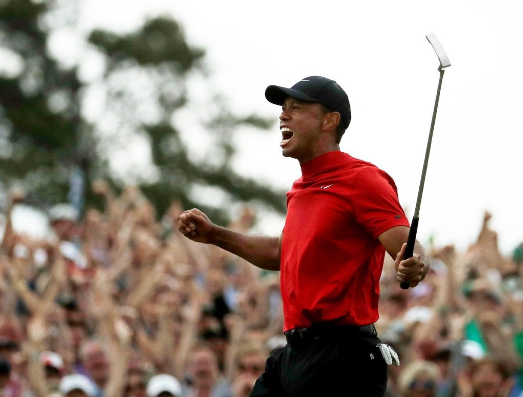 Tiger Woods celebrates winning the Masters
