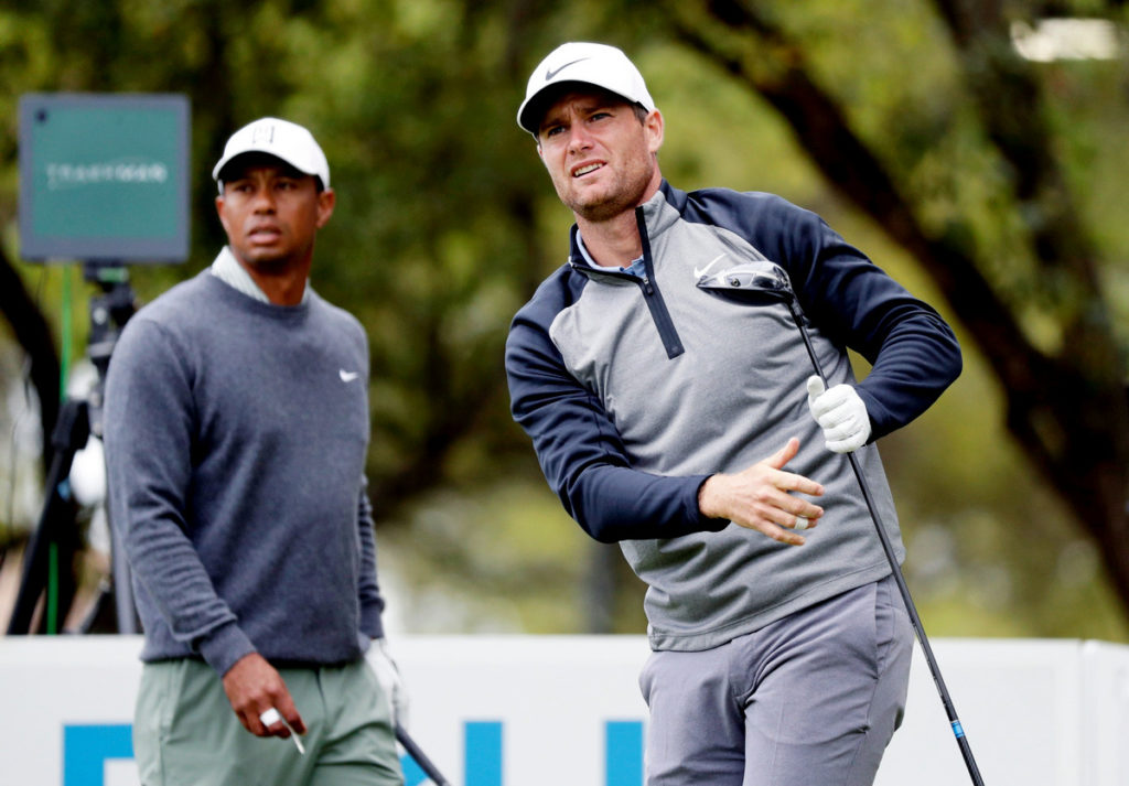 Lucas Bjerregaard (right) ended the challenge of former world number one Tiger Woods in Austin 