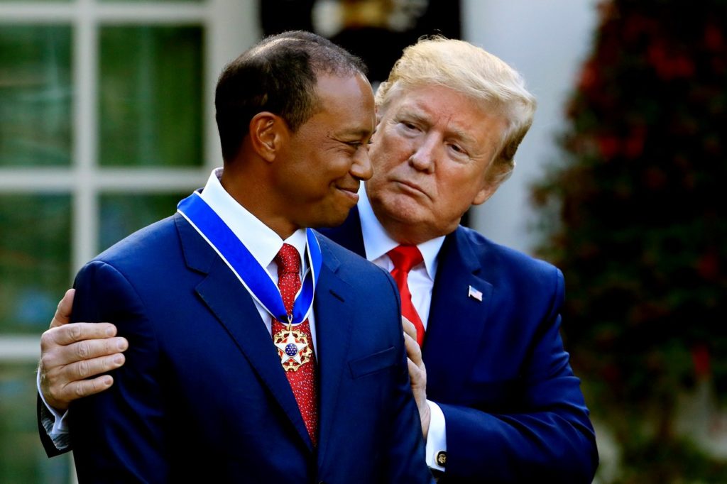 President Donald Trump awards the Presidential Medal of Freedom to Tiger Woods during a ceremony at the White House