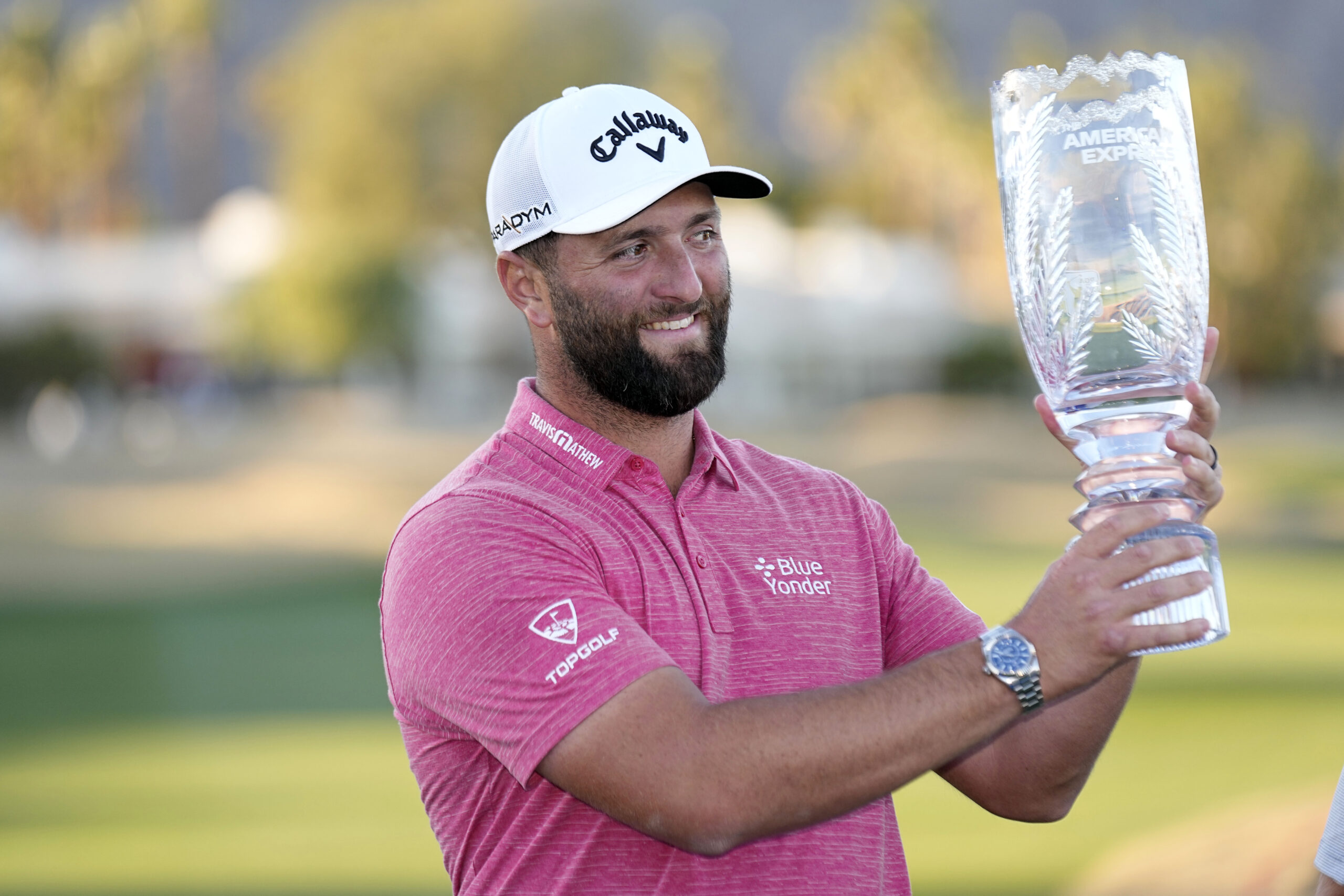 American Express 2023 R4 - Jon Rahm holds the winner’s trophy after the American Express golf tournament on the Pete Dye Stadium Course at PGA West Sunday