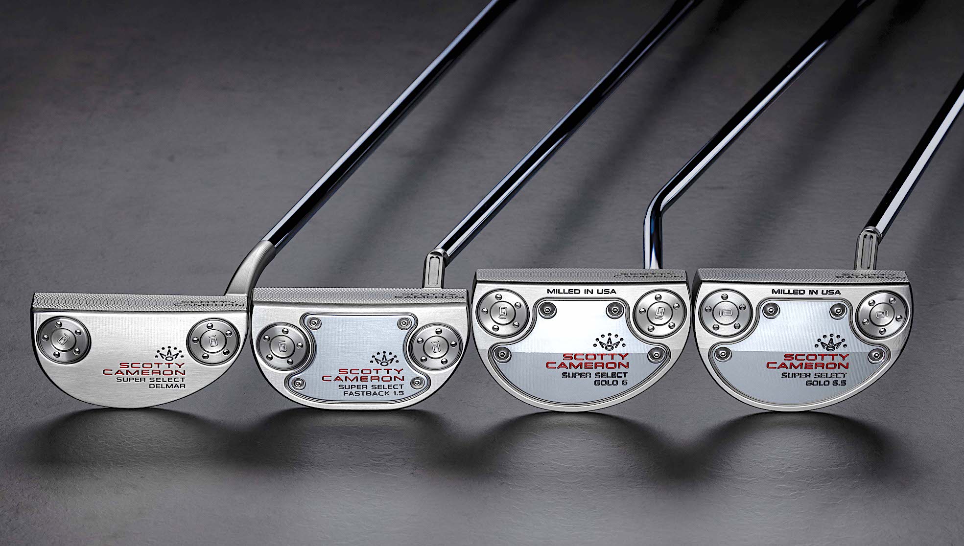 The Scotty Cameron Super Select Del Mar, Fastback 1.5, GOLO 6 and GOLO 6.5 group of putters