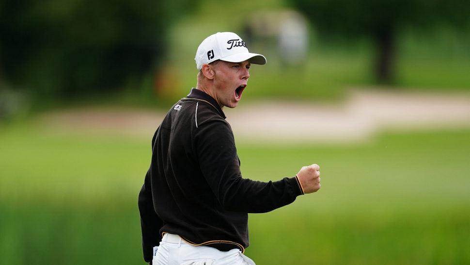 British Masters 2023 R4 - Daniel Hillier of New Zealand celebrates holing a par putt on the 18th
