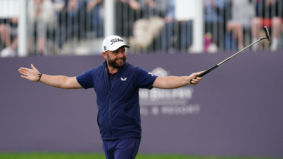 British Masters 2023 R3 - England’s Andy Sullivan celebrates making a birdie on the 18th hole in round three of the Betfred British Masters at The Belfry
