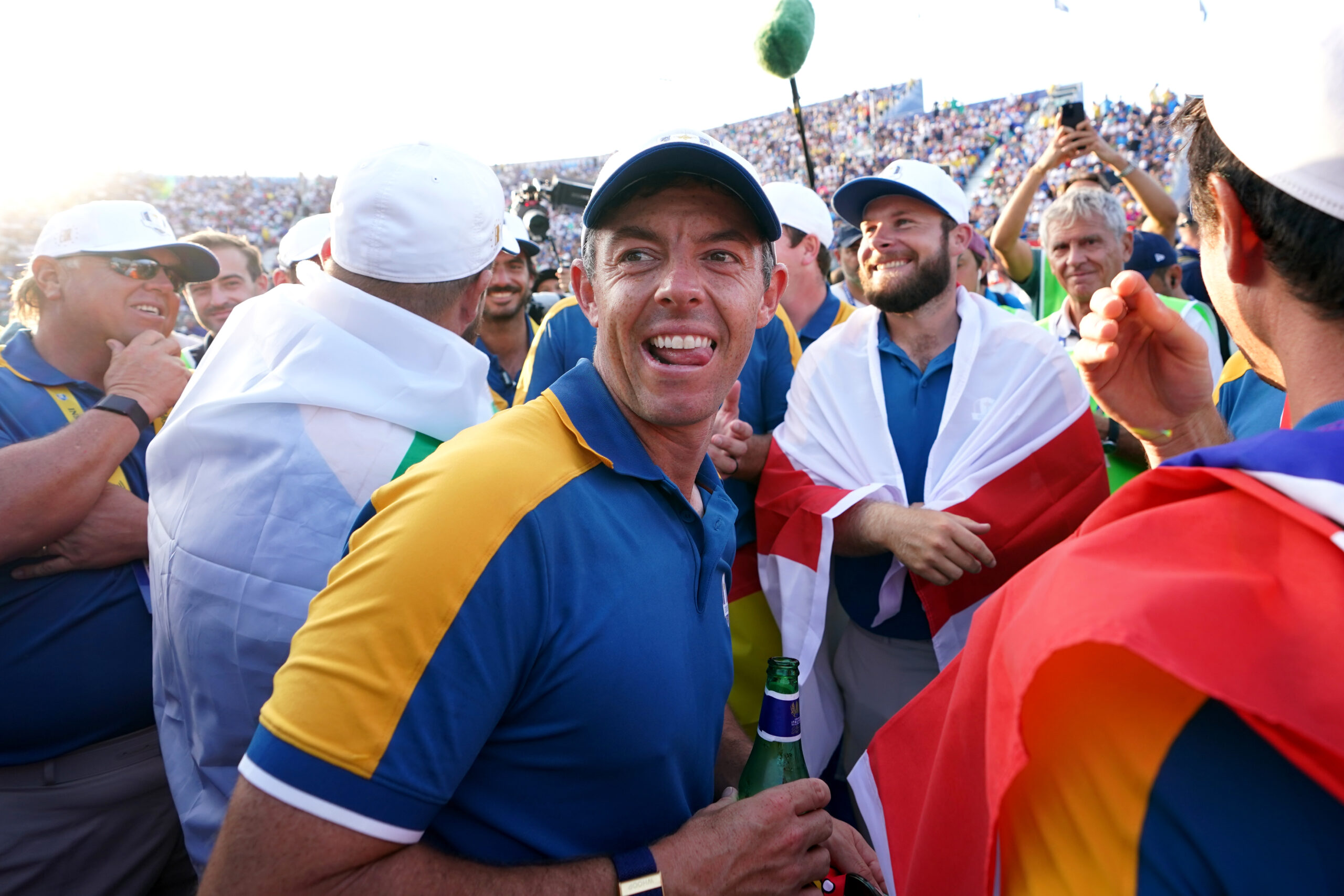 Rory McIlroy celebrates after Europe regained the Ryder Cup