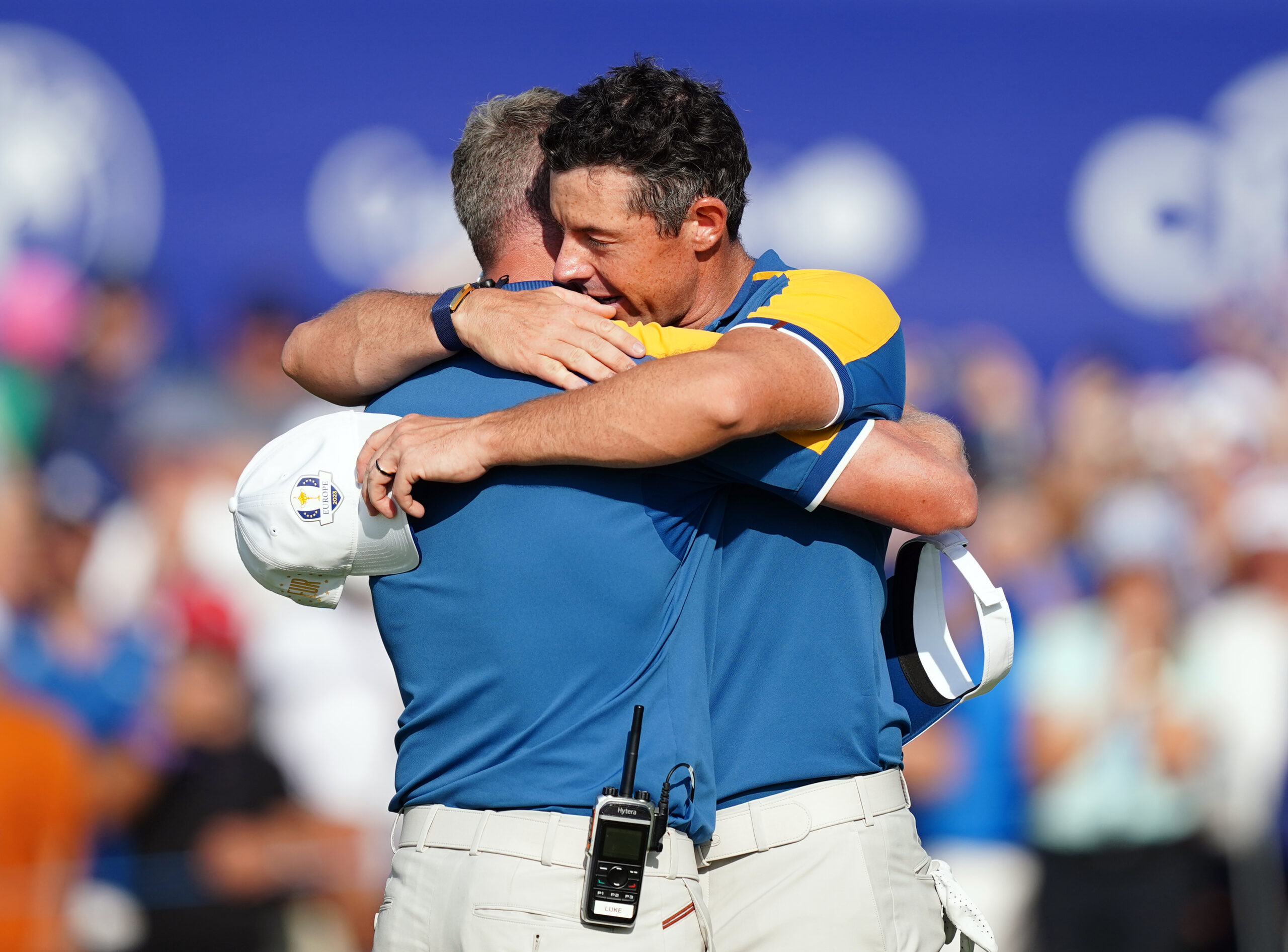 Team Europe’s Rory McIlroy with Captain Luke Donald following his singles match