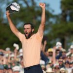 Scottie Scheffler celebrates his win at the Masters golf tournament at Augusta National Golf Club