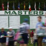 Patrons walk past the main scoreboard during a practice round at the Masters (AP Photo/Matt Slocum)