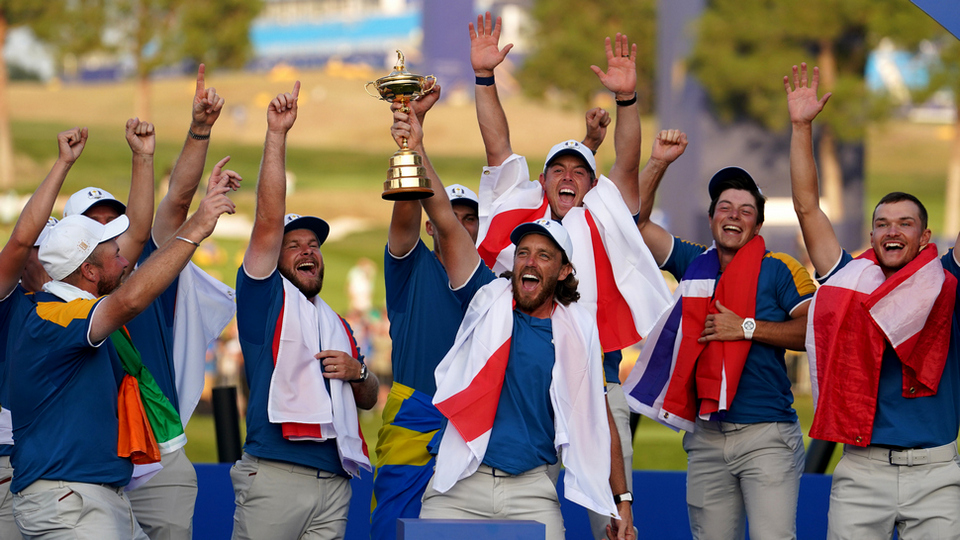 Team Europe's Tommy Fleetwood lifts the Ryder Cup Trophy after Europe regained the Ryder Cup following victory over the USA on day three of the 44th Ryder Cup at the Marco Simone Golf and Country Club, Rome.