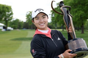 Rose Zhang of the United States poses with the trophy after winning the Cognizant Founders Cup at Upper Montclair Country Club