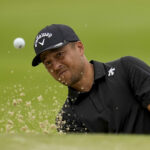 Xander Schauffele hits from the bunker on the sixth hole during the second round of the US PGA Championship