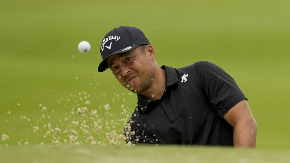 Xander Schauffele hits from the bunker on the sixth hole during the second round of the US PGA Championship