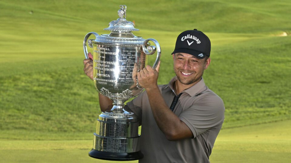 Xander Schauffele holds the Wanamaker Trophy after winning the US PGA Championship at Valhalla