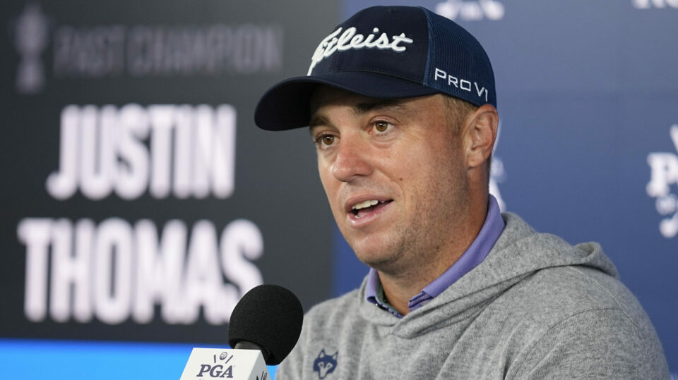 Justin Thomas speaks during a news conference at the US PGA Championship at Valhalla