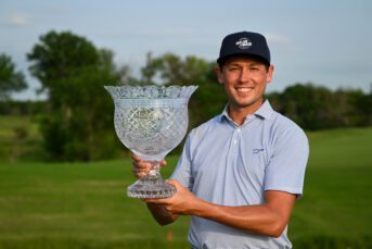 Ben Polland poses with the 2024 PGA Professional Championship Trophy after winning the PGA Professional Championship at PGA Frisco