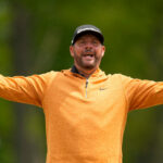 Michael Block reacts after his second round at the PGA Championship golf tournament at Oak Hill