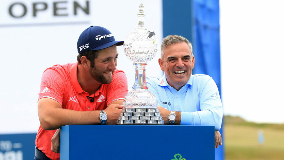 Jon Rahm and Paul McGinley smiling with the Irish Open trophyOpen – Day Four – Lahinch Golf Club