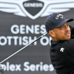 Xander Schauffele watches his tee shot in Scottish Open practice