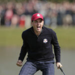 Keegan Bradley roars in celebration during the 2012 Ryder Cup