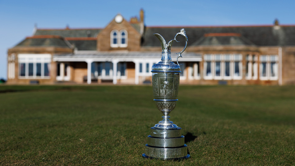 The Claret Jug is displayed during previews for The 152nd Open Championship at Royal Troon Golf Club on February 26, 2024