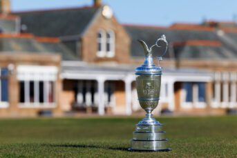The Claret Jug is displayed during previews for The 152nd Open Championship at Royal Troon Golf Club