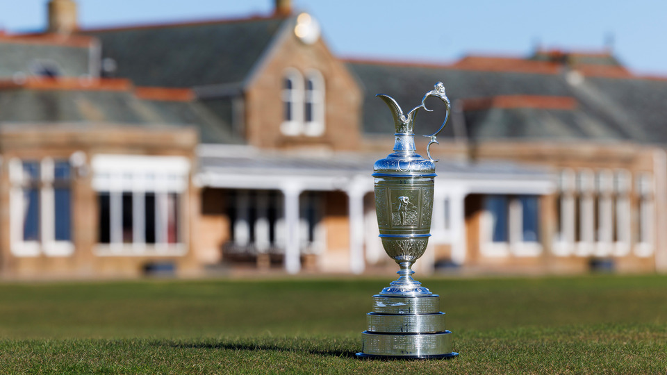The Claret Jug is displayed during previews for The 152nd Open Championship at Royal Troon Golf Club