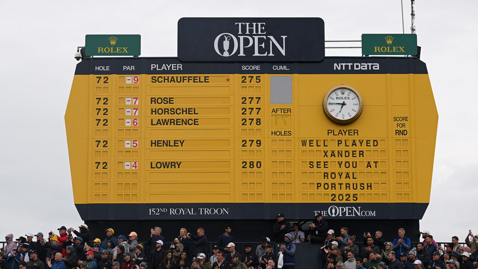A detailed view of the scoreboard displaying the victory of Xander Schauffele of the United States (not pictured) on day four of The 152nd Open championship at Royal Troon