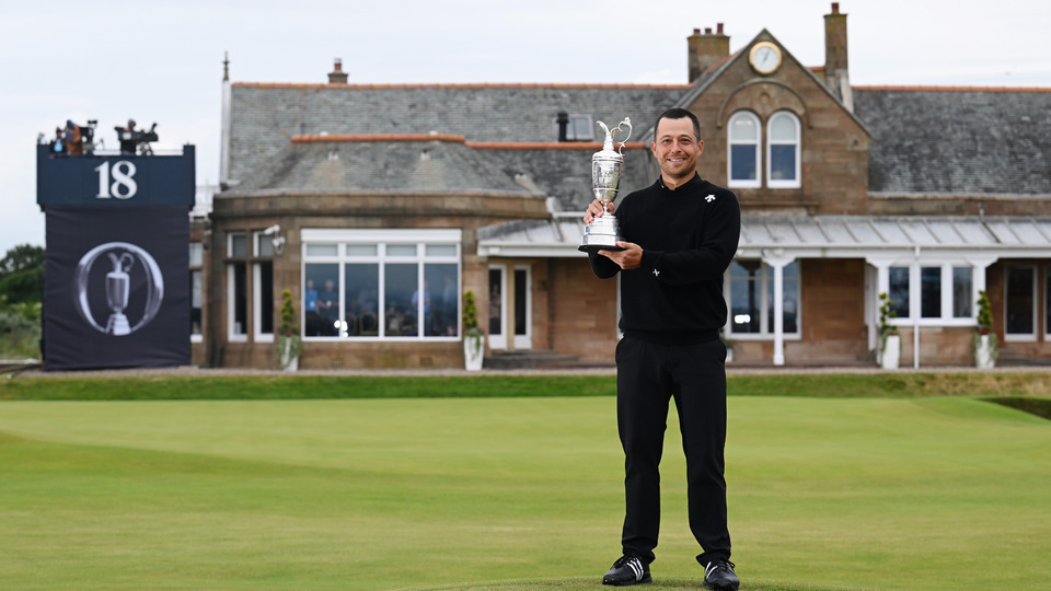  Xander Schauffele of the United States lifts the Claret Jug on the 18th green in celebration of victory on day four of The 152nd Open championship at Royal Troon
