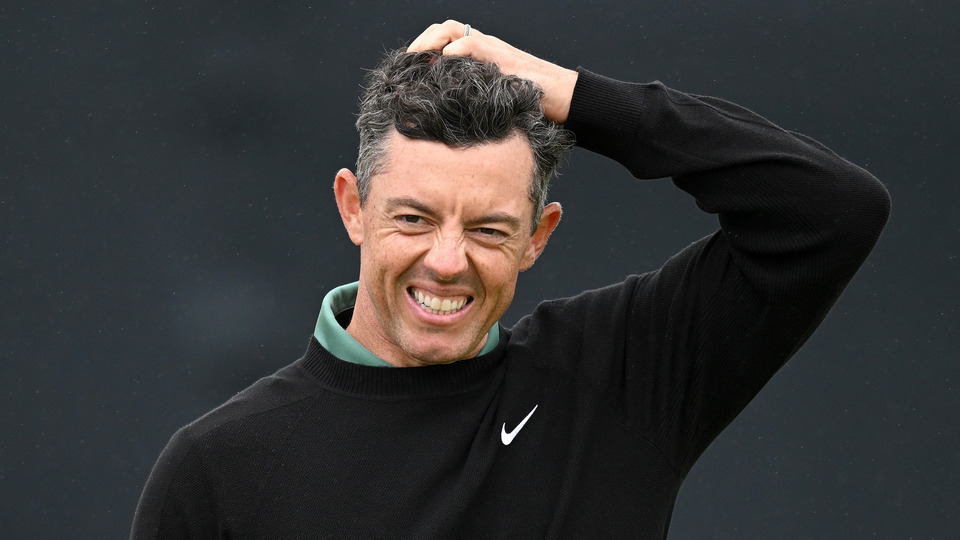 Rory McIlroy of Northern Ireland reacts after finishing on the 18th green on day one of The 152nd Open championship at Royal Troon