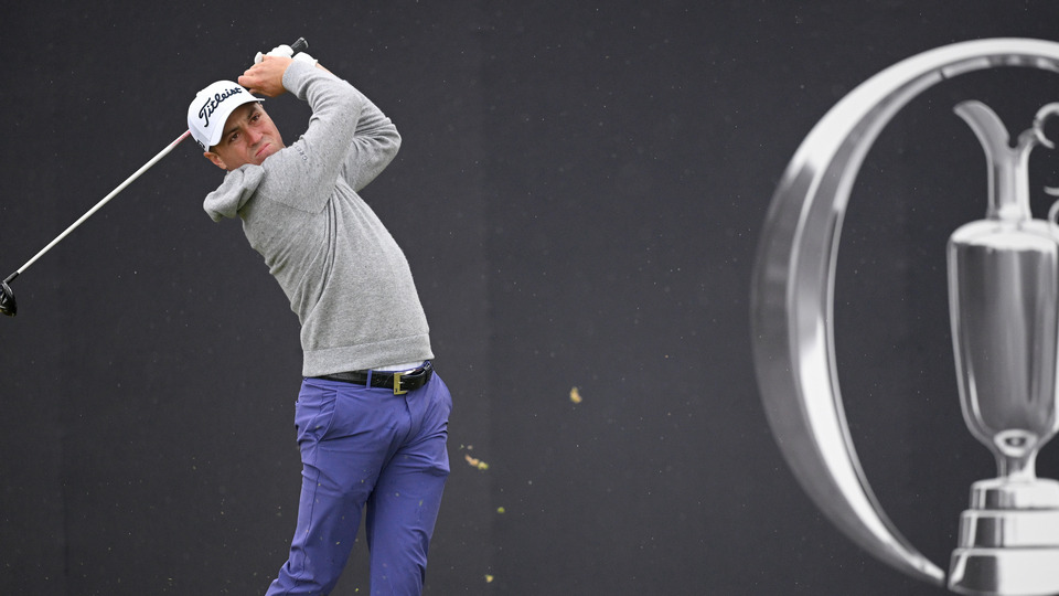 Justin Thomas of the United States tees off on the first hole on day one of The 152nd Open championship at Royal Troon on July 18, 2024