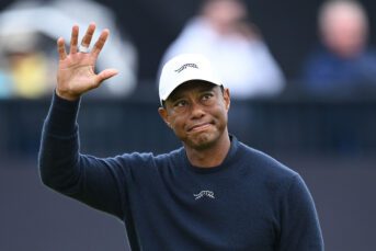 Tiger Woods of the United States acknowledges the crowd following his round on the 18th green on day two of The 152nd Open championship at Royal Troon