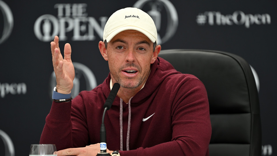 Rory McIlroy of Northern Ireland speaks to the media during a press conference prior to The 152nd Open championship at Royal Troon