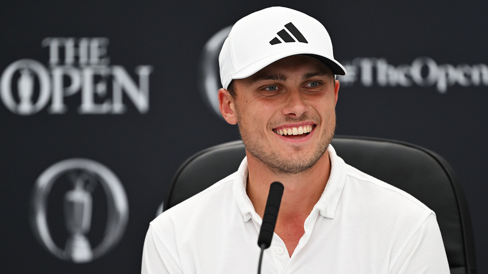 Ludvig Aberg of Sweden speaks in a press conference prior to The 152nd Open championship at Royal Troon on July 15, 2024 in Troon, Scotland.