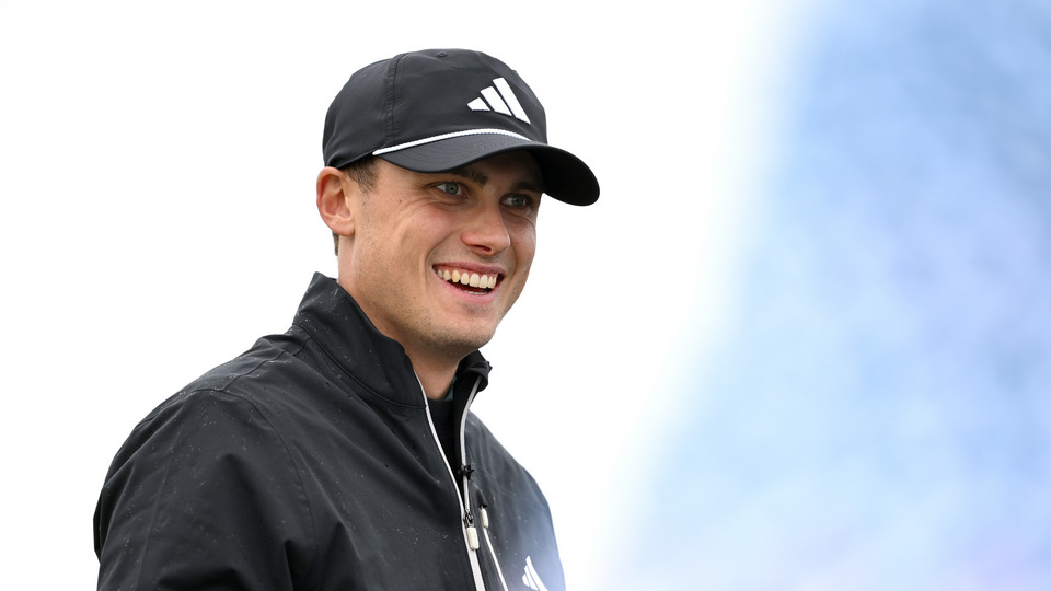 Ludvig Åberg of Sweden smiles during a practice round prior to The 152nd Open championship at Royal Troon on July 16, 2024 in Troon, Scotland.