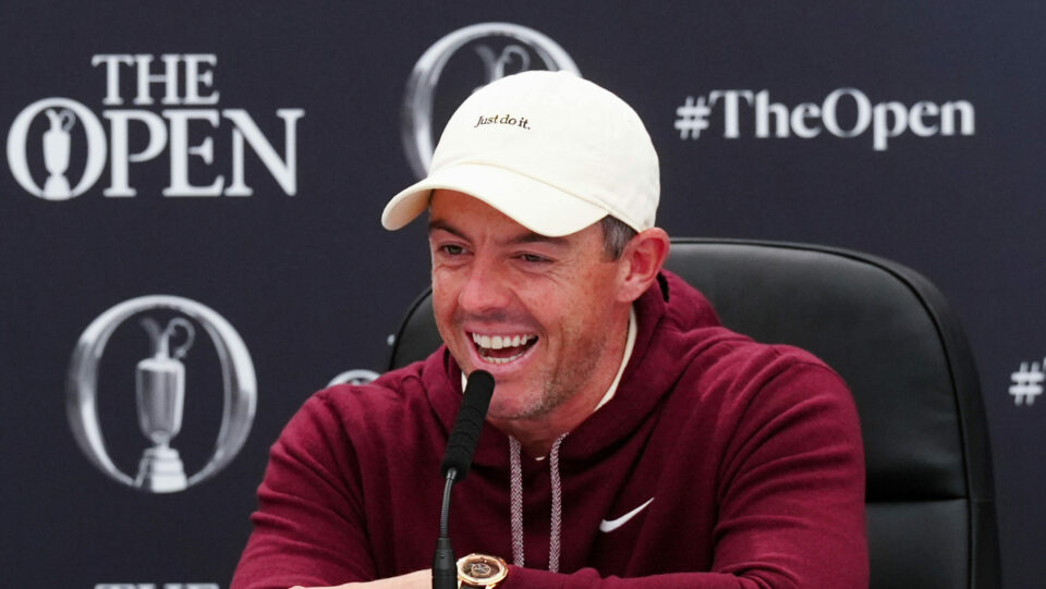 Rory McIlroy smiles during a press conference for the 152nd Open