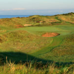 TROON, SCOTLAND - AUGUST 17: A general view of the par 3, eighth hole Postage Stamp at Royal Troon on 2024 in Troon, Scotland.