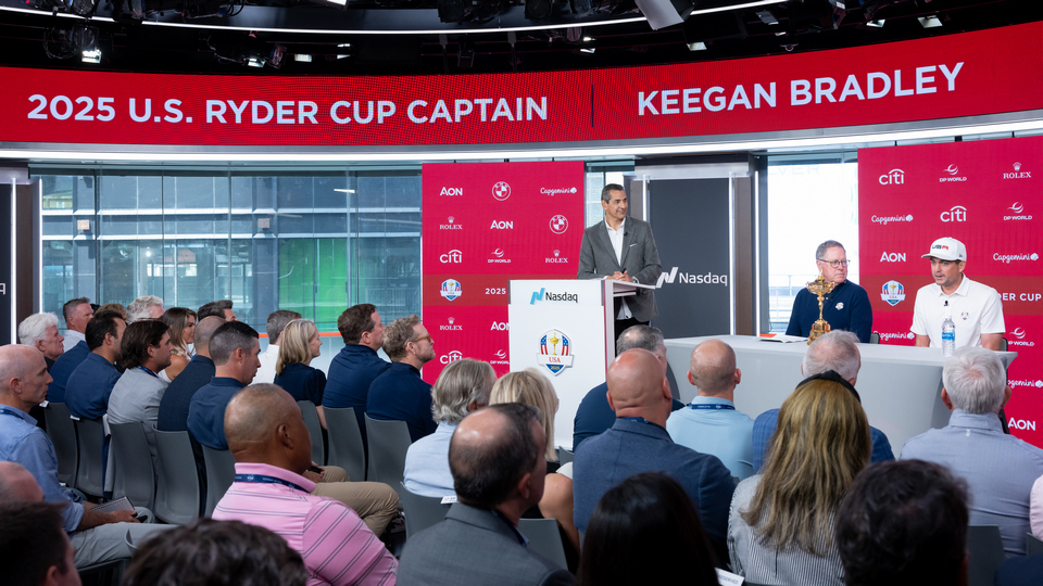 Julius Mason, PGA of America President John Lindert and the 2025 Team USA Ryder Cup captain, Keegan Bradley during the 2025 Ryder Cup Captain’s Announcement