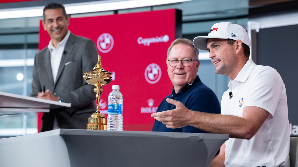 Julius Mason, PGA of America President John Lindert and the 2025 Team USA Ryder Cup captain, Keegan Bradley during the 2025 Ryder Cup Captain’s Announcement