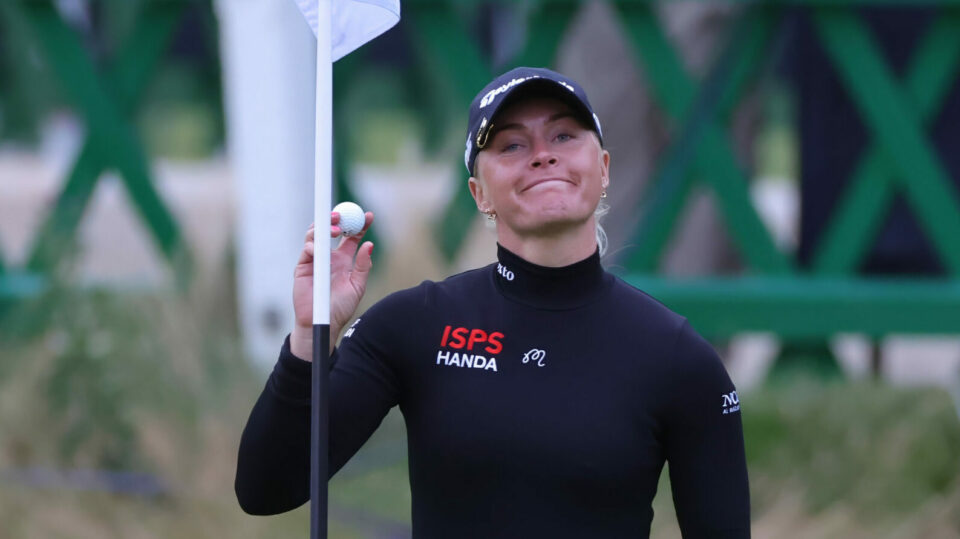 Charley Hull after making a birdie on the final hole in the her first round at the AIG Women's Open