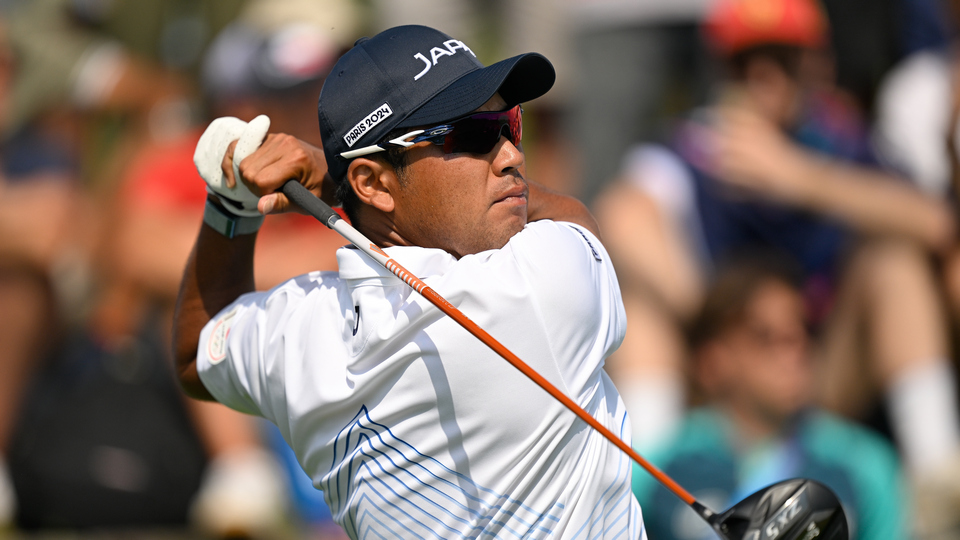 Hideki Matsuyama of Team Japan tees off on the 17th hole during the second round of the 2024 Paris Olympic Games at Le Golf National