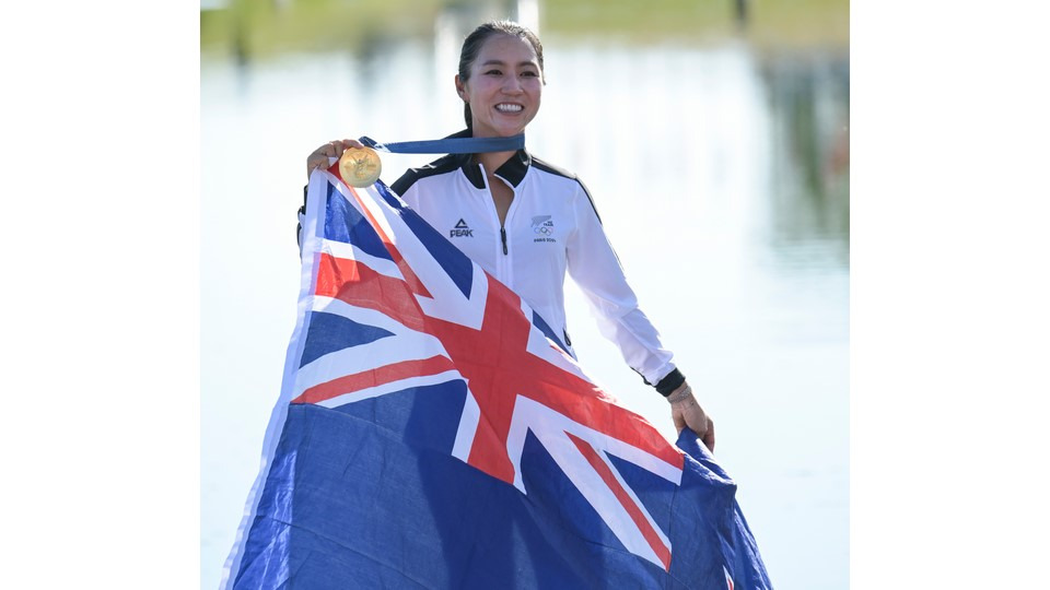 Lydia Ko of Team New Zealand poses with the gold medal during the final round of the 2024 Paris Olympic Games at Le Golf National