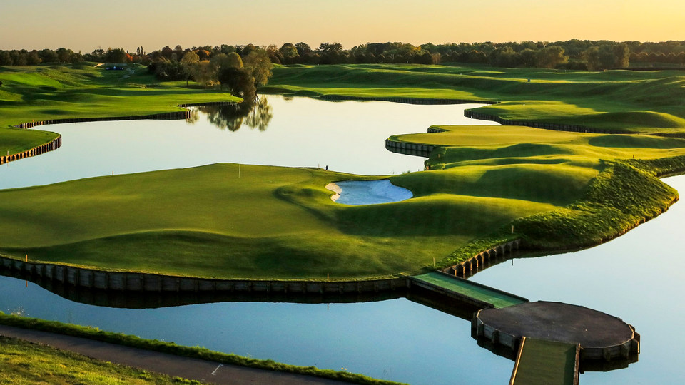 A view from behind the green on the 469 yards par 4, 18th hole (L) with the 404 yards par 4, 15th hole (R) on the Albatross Course at Le Golf National, host of the 2024 Paris Olympics