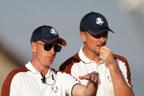 Team Europe Captain Luke Donald and Justin Rose during the fourballs on day two of the 44th Ryder Cup at the Marco Simone Golf and Country Club