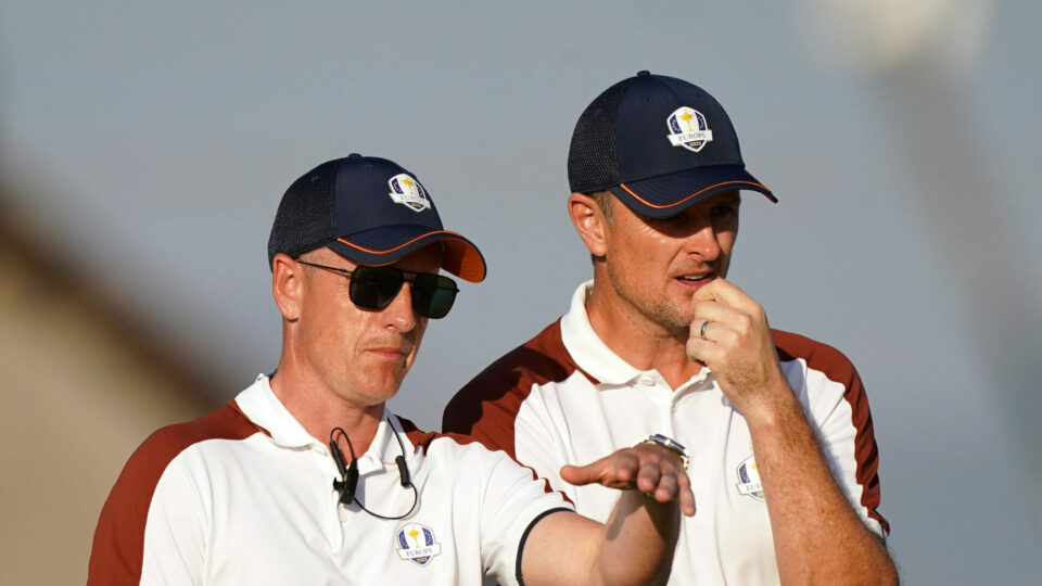 Team Europe Captain Luke Donald and Justin Rose during the fourballs on day two of the 44th Ryder Cup at the Marco Simone Golf and Country Club