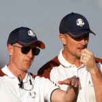 Team Europe Captain Luke Donald and Justin Rose during the fourballs on day two of the 44th Ryder Cup at the Marco Simone Golf and Country Club